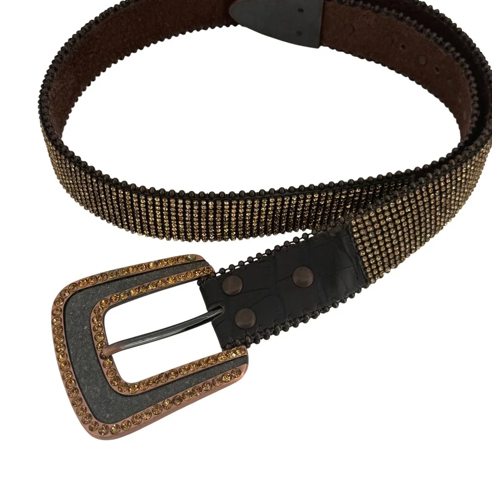 Western Rhinestone Studded Brown Leather Belt Amber Crystal Cowgirl‎ Boho S/M